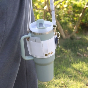 Detail of mint green tumbler carrier with adjustable shoulder strap and card holder