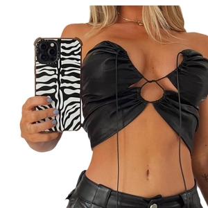 Sexy black faux leather halter tube top with center metal ring and drawstring closure