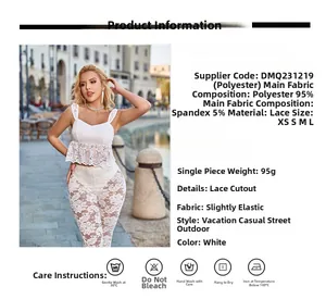 Detailed size chart for women's white lace sleeveless top with fabric specifications