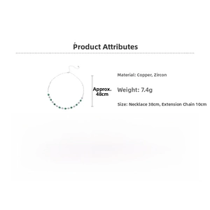 Detailed size view of silver zircon necklace with green and purple round stones
