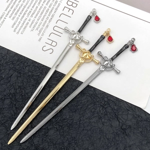 Ancient style sword hairpins in gold silver and black with red pendant gemstones