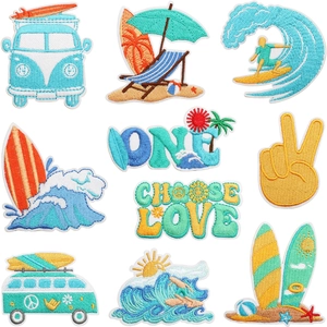 Summer Beach Surfing Embroidery Patches Wave Surfboard Camper Van Theme Iron On DIY Fabric Decor For Clothing Bags