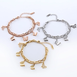Double-layered stainless steel butterfly bracelets in gold, silver, and rose gold finishes