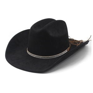 Classic black suede cowboy hat featuring a sparkling rhinestone band and tassel accents