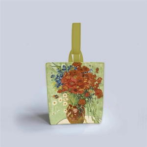 Detail of floral oil painting tote bag featuring red poppies and daisies in a brown vase