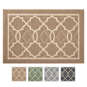 Alfombra moderna con patrón de trébol marroquí en colores beige, verde, azul y gris