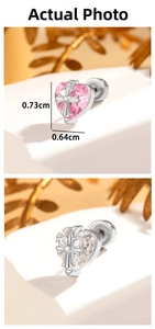 Detail of cross-etched pink and white heart studs with screw flat back closure