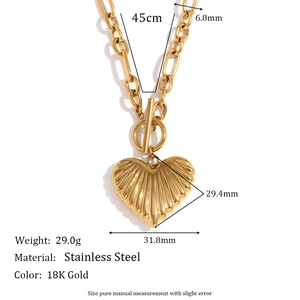 18K gold plated stainless steel heart pendant necklace with OT toggle clasp and chunky chain