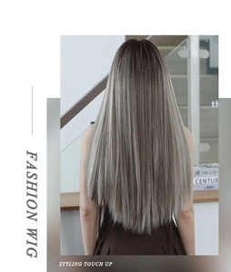Detail view of long straight ombre ash blonde wig with dark roots and silky texture