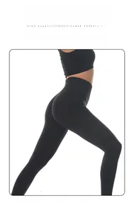 Close-up of high-waist black yoga leggings featuring tummy control and lifting seams