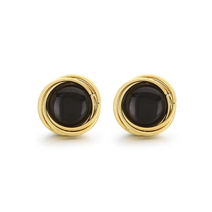 Elegant gold titanium steel spiral earrings with black stone inlay on white background