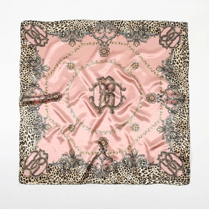 Pink satin square scarf with leopard print border and golden baroque chain patterns