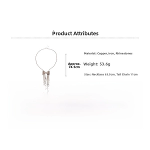 Detailed size specifications for the sparkling bow pendant necklace with tassel chains