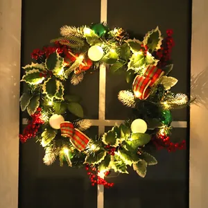 Christmas Wreath Artificial Pine Needles Red Berries Pine Cones Plaid Ribbon Holiday Front Door Wall Hanging Decoration