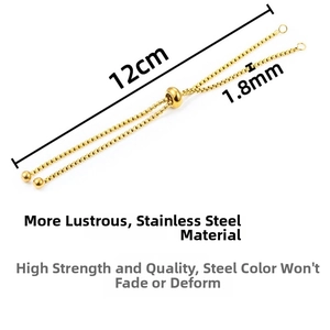 Detail of adjustable 12cm gold stainless steel box chain with sliding bead for DIY jewelry