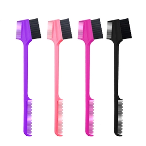 Close-up of dual-ended eyebrow brushes and hair combs in purple, pink, rose, and black