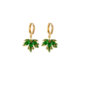 Exquisite gold plated maple leaf earrings with green cubic zirconia on white background
