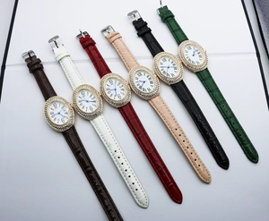 Detail of elegant oval crystal quartz watches with crocodile pattern leather straps in seven colors