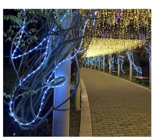 Outdoor solar PVC tube lights in warm yellow and cold white wrapped around park trees