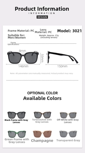 Detailed size specifications for PC oversized sunglasses showing lens and frame dimensions