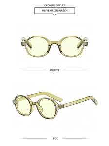 Front and side view of olive green retro oval frame sunglasses with translucent finish