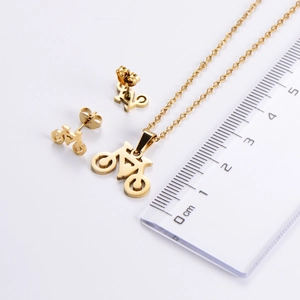 Polished gold bicycle jewelry set with necklace and stud earrings with cm scale