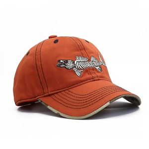 Orange fishing baseball cap with fishbone embroidery and camouflage trim detail