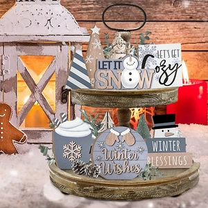 Tiered Tray Decor Set Wooden Winter Snowman Signs Christmas Tabletop Decoration Farmhouse Style Holiday Home Ornaments