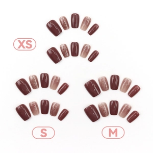 Short square burgundy gradient glitter press-on nails set in sizes XS, S, and M