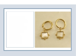 Detailed view of 18K gold plated titanium square opal earrings measuring 31x15mm