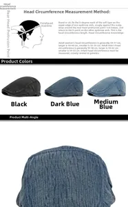 Dettaglio della coppola in denim con fibbia regolabile e guida alle taglie in tre colori