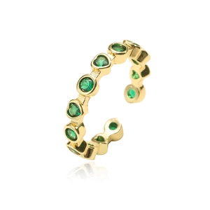 18K gold plated adjustable ring with micro-p鑲ed green round and heart-shaped zircons