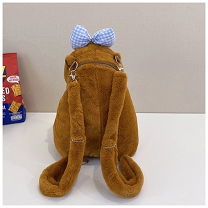 Rear view of Capybara plush backpack with a cute blue plaid bow and adjustable straps