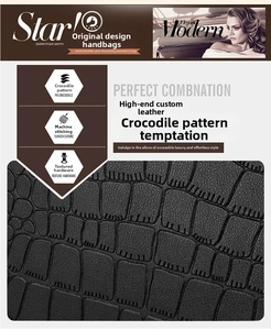 Close-up of black crocodile-embossed PU leather with precision stitching and metal hardware