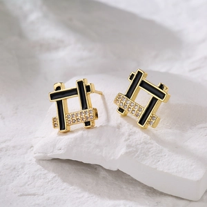 18K gold plated square geometric stud earrings with black enamel and zircons on white stone