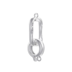 Detailed view of silver-plated oval dual-link clasp connector for pearl jewelry necklaces