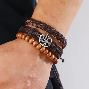 Three-piece retro braided leather bracelet set with tree of life charm and wooden beads