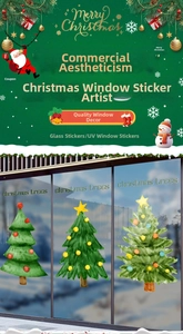 Detail of UV printed watercolor Christmas tree stickers on a transparent glass window