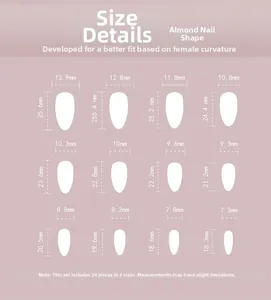 Detailed size chart for 24pcs almond shape press-on nails with 12 specific dimensions