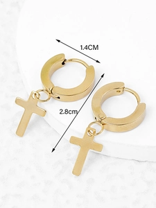 Close-up of golden stainless steel huggie earrings with cross pendants and size dimensions