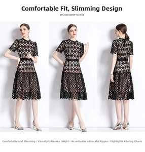 Détails de la robe en dentelle noire avec broderie florale et ceinture à la taille