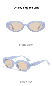 Detail view of jelly blue cat-eye sunglasses with brown lenses showing front and side angles