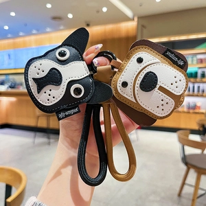 Cute Cartoon Dog Cat Keychain PU Leather Bag Charm Pendant Animal French Bulldog Husky Woven Rope Metal Ring Handbag Decor