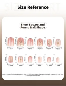 Detailed size chart for short square-round cat eye press-on nails with 3D bow accents