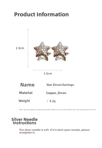 Macro detail of star zircon earrings with dimensions and material specifications