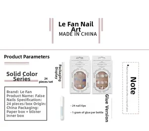 Glossy solid color press-on nails set with 24 pieces and 1g glue in retail packaging