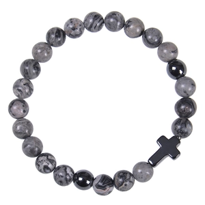 Detail of 8mm pink zebra stone beads with black cross charm on elastic bracelet