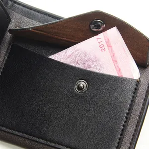 Men's trifold wallet in dark brown lychee leather with metal snap button and cash slot
