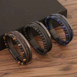 Multilayer Leather Bracelet Natural Stone Tiger Eye Woven Beaded Magnetic Clasp Retro Fashion Men Accessory