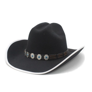 Classic black wool fedora western cowboy hat with white trim and turquoise stud band